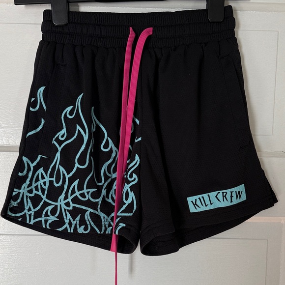 Kill Crew Women's Black Shorts with Aqua Flame and Pink Accent - Picture 2 of 5